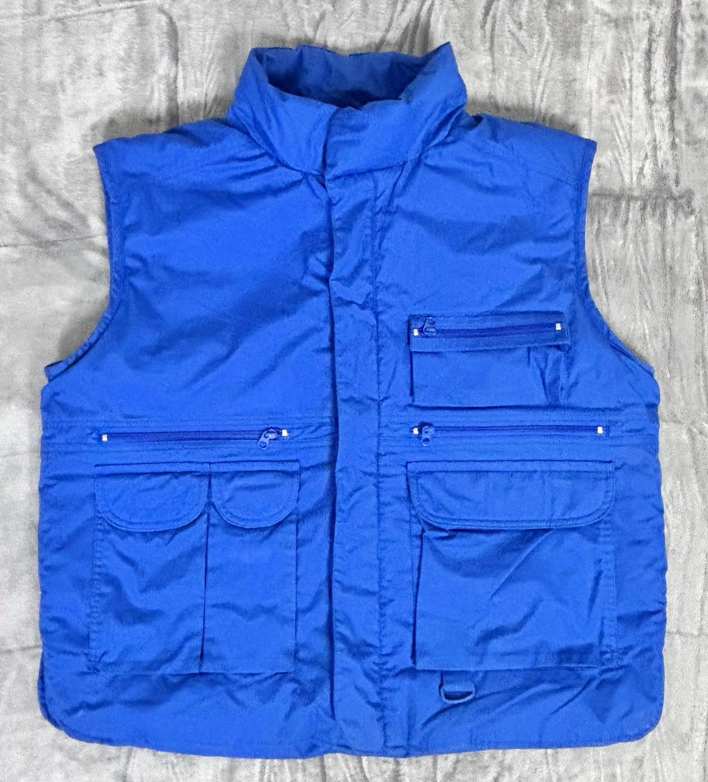 Vintage Eddie Bauer Mens Goose Down Utility Puffer Vest Blue Multi Pocket XL