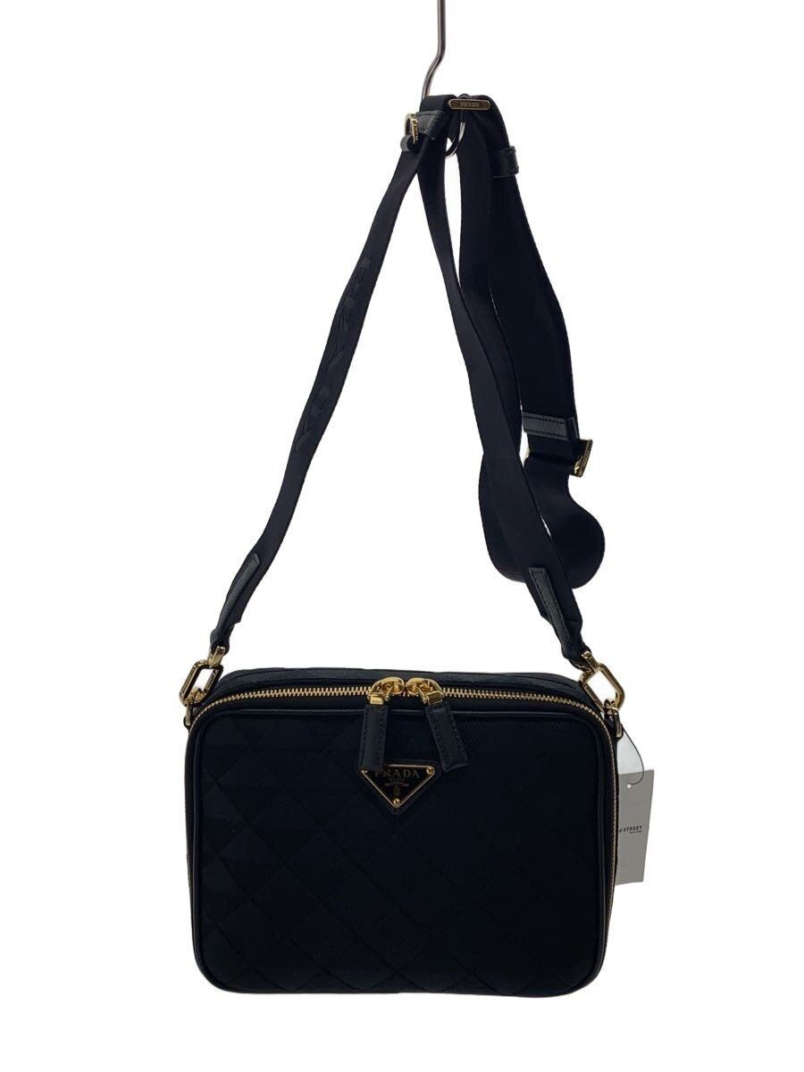 PRADA Shoulder Bag Embroidery Fabric Canvas BLK Total Pattern 2VH069 Used
