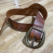 Vintage Women Western Tooled Brown Leather Belt With Brass Buckle