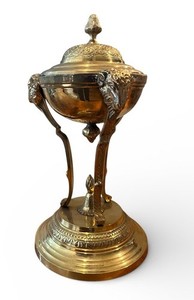 Vtg Ornate Brass Pedestal Incense Burner W Lid Rams Sheep Franch Empire Revival