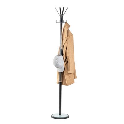 Hat and Coat Stan with Brushed Steel Finish   Freestanding 12- Black Hooks