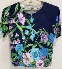 Talbots Short Sleeve Navy Lightweight Sweater Tropical Floral Print Size Large