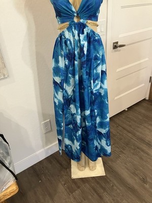 ZHUANGBUTTE Blue White Floral Maxi Dress V-Neck Cut-Out Waist Chain Size M