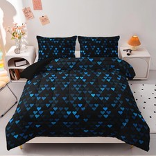Geometric Blue Love Black Comforter Set,Blue Heart Honeycomb 3 PCS Bedding Se...