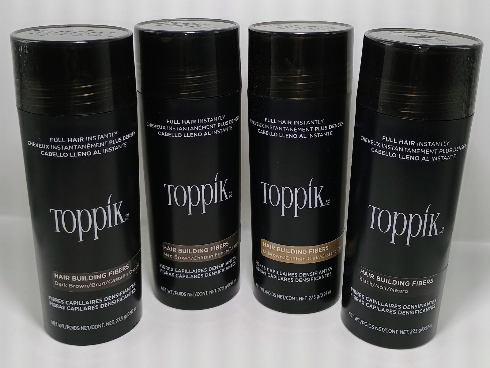 TOPPIK 27.5g Hair Fibers: BLACK, DARK BROWN, MEDIUM BROWN, LIGHT BROWN, GRAY