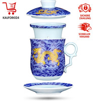Teetasse Porzellan 400Ml Mit Sieb Deckel Untertasse Drache Muster Blau