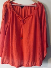 AB Studio Women’s XL Blouse Orange Peasant Top Boho Trim  Bell Sleeve  V Neck
