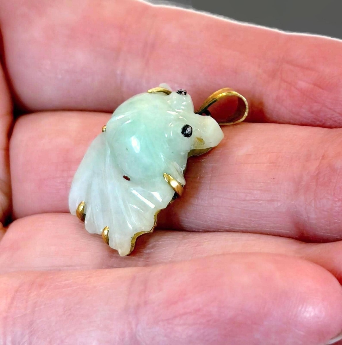 Jade Pendant, Fish, Koi, Green, Yellow Gold, Gold Filled, Carved View 2