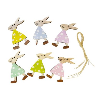 6PCS Easter Wooden Bunny Hanging Ornaments Easter Rabbit Decorations Jute Rope