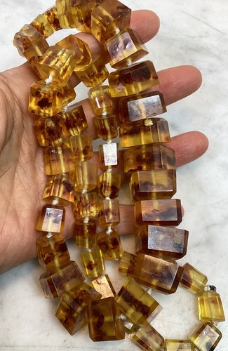 Vintage Art Deco Pressed Amber Graduated Cube Cut  Necklace
