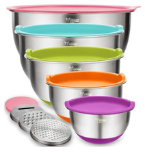 💥 5 Stainless Steel Nesting Mixing Bowls w/ Lids Set Graters Non-Slip New Color