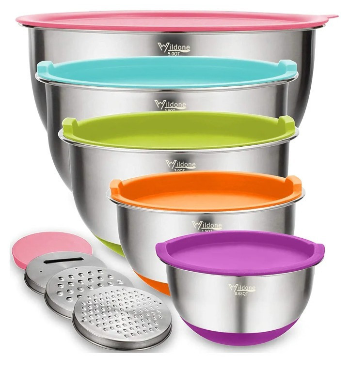 💥 5 Stainless Steel Nesting Mixing Bowls w/ Lids Set Graters Non-Slip New Color
