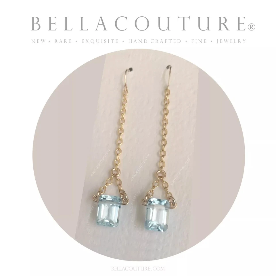 PENDIENTES COLGANTES DE ORO AMARILLO 14K AGUAMARINA NATURAL RAROS DE COLECCIÓN ESMERALDA ART DECO Foto 4 de 4