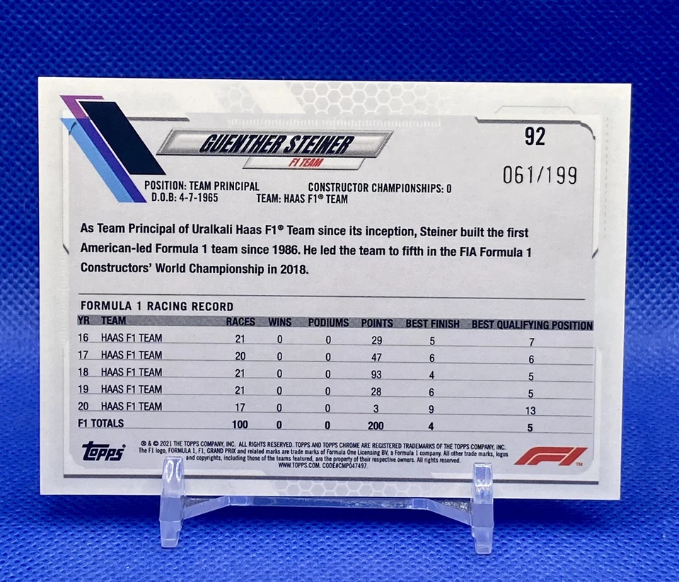 2021 Topps Chrome Formula 1 GUENTHER STEINER Purple Checker XFractor /199 #92 F1 - Image 2 of 2