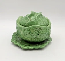 Vintage Holland Mold Ceramic Cabbage Bowl with Lid and Saucer Handmade Signed