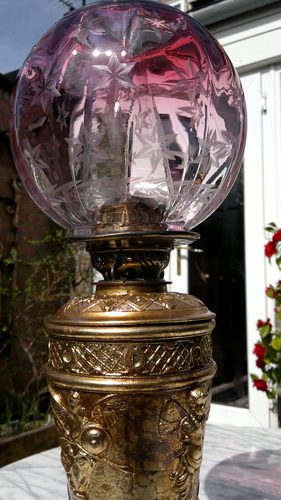 Antique Victorian Duplex Oil Lamp ~ Cranberry/Clear Glass Star Shade ~ 22.5"Tall - Picture 11 of 23