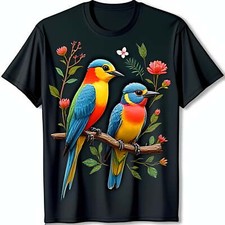 Vibrant Birds on Branch Black T-Shirt Colorful Nature Design with Flowers