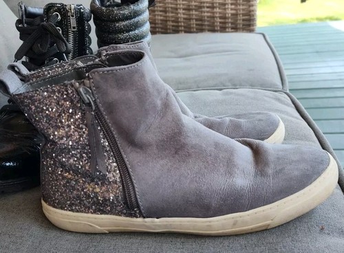 Black Glitter Justice Boots & Grey Suede Hi Top Sneakers, Zip Ups, Sz 8Y - Picture 9 of 14
