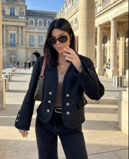 ZARA WOMAN NEW Gold BUTTONED TEXTURED JACKET BLACK Cropped Blazer 4786/045
