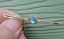 Antique Victorien 9ct or Rose Topaze Bleu Sweetheart Broche Barre + Chaîne C.