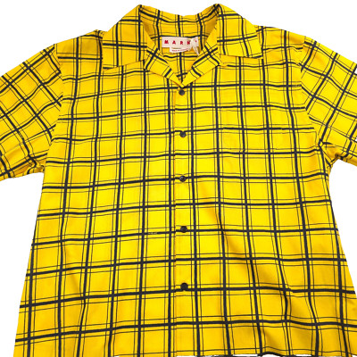 $735 Marni Big Check Poplin Maize Yellow Camp Shirt Mens Size EUR 50