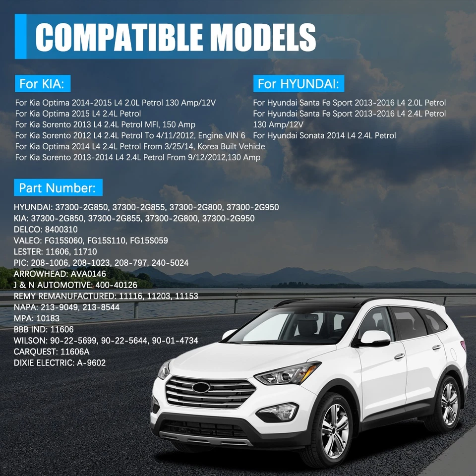 Alternator for 2013-2016 Hyundai Santa Fe Sport 2012-2015 Kia Optima 2.0L 2.4L Foto 3 de 4