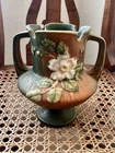 Vintage 1940’s Roseville White Rose Brown Green Art Pottery Ceramic Vase 146-6