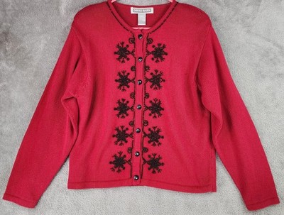 Dress Barn Sweater Womens Large Red Black Bead Button Front Christmas Cardigan