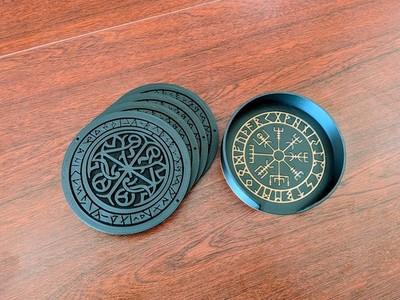 Runestone Drink Coaster Set - Ancient Runes & Vegvisir Compass Coaster Holder
