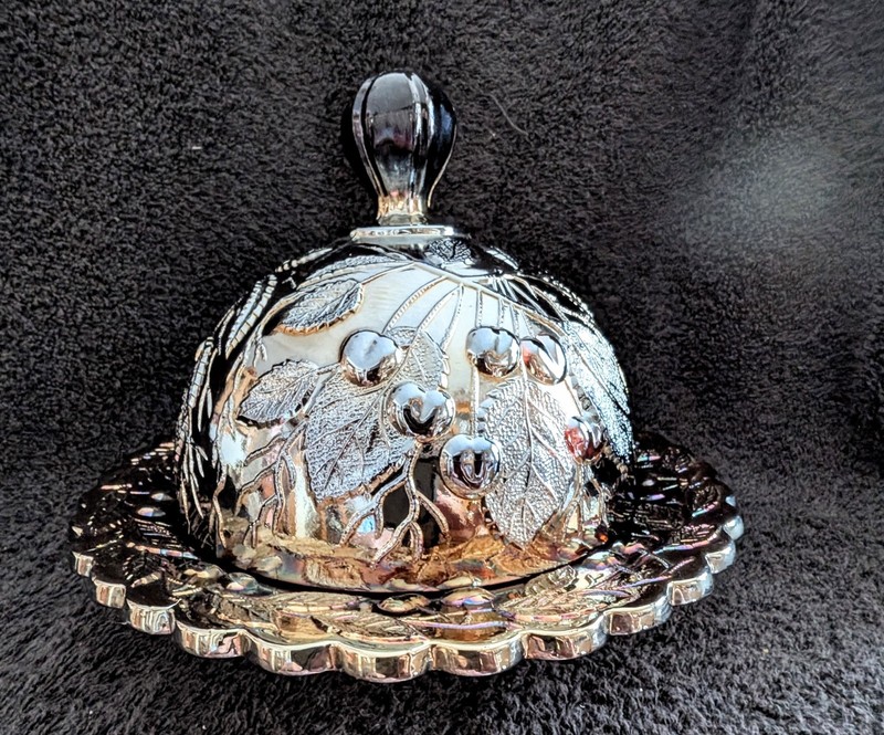 Millersburg Amethyst Radium Hanging Cherries Butter Dish 1910c.              (A)