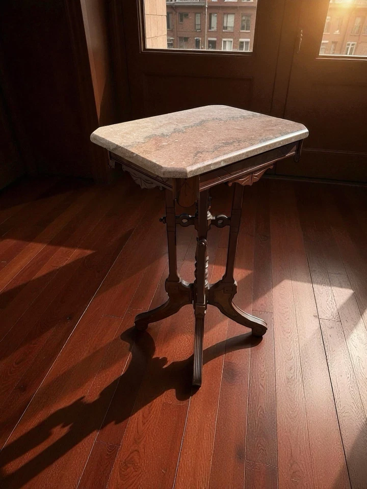 Antiguo soporte de mesa auxiliar victoriano Eastlake rosa mármol tallado detalles Foto 2 de 4