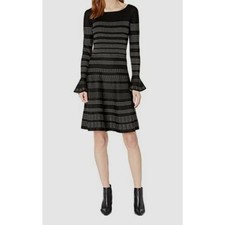 Taylor Black Knit Dress Silver Dot Stripe Bell Sleeve A-Line Mini Size S