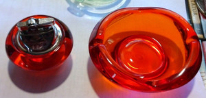 Vintage MCM Viking Murano Style Art Glass Ashtray Lighter Set Deep Orange V Nice