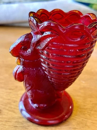 Fenton Glass Red  Bunny Carrying Basket on Back, Toothpick Egg Holder 3.25”