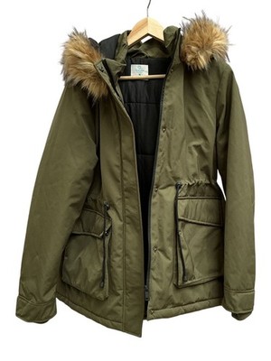 Primark Cares Fur Trim Hooded Olive Parka Jacket Size M Pockets 9998