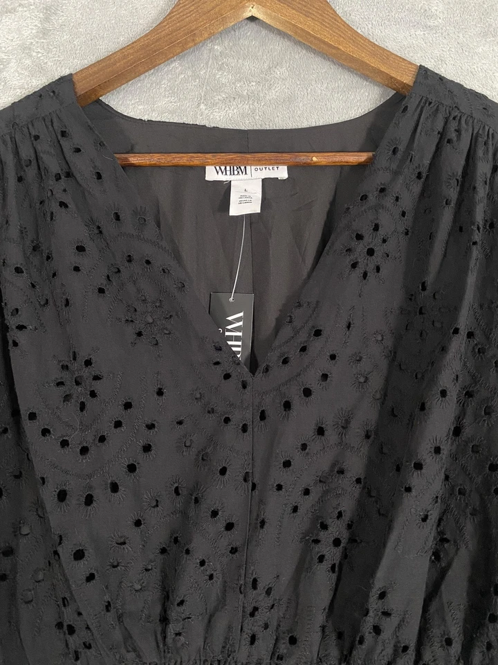 NUEVO CON ETIQUETAS WHBM Vestido Talla L Negro Manga Abullonada Ojales Midi Forrado Bolsillos Cottagecore Foto 2 de 4