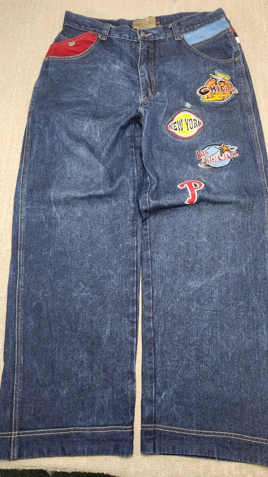 Jeans masculino Y2K folgado 36x31 *LEIA remendos All Star hardball bordado perna larga - Imagem 3 de 4