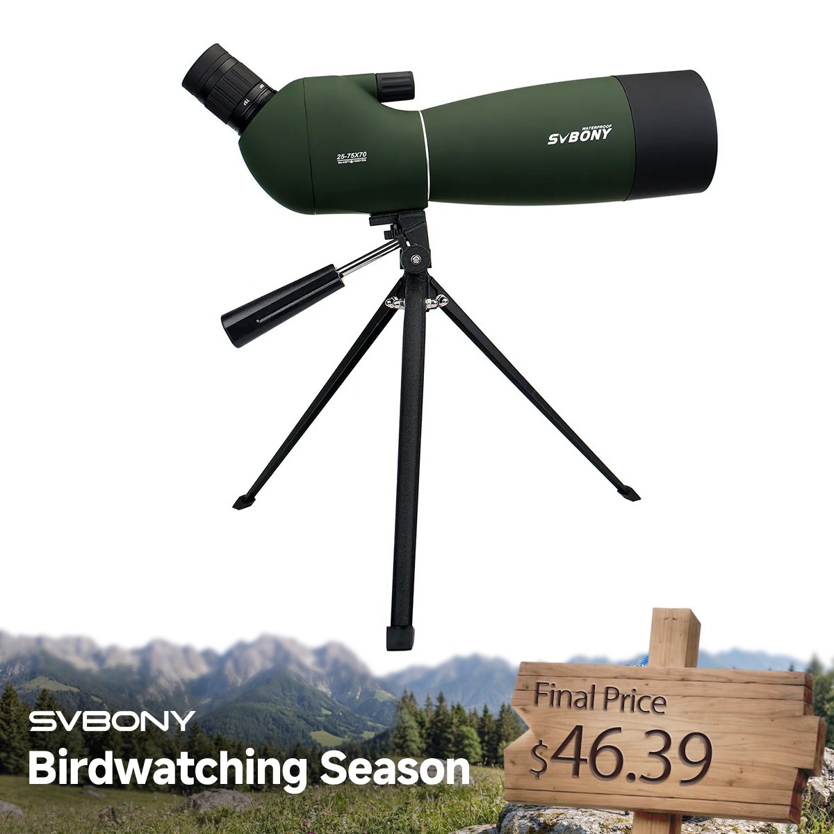 SVBONY SV28 Spotting Scope 25-75x70 45° Angled Waterproof with Tripod