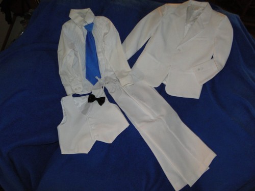 Boy's White Ring Bearer outfit, Suit Coat, Vest, Pants, Dress Shirt, 2 ties sz 5