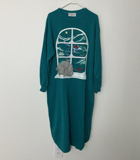VTG 90s Kittens Green pajama nightgown size OS -S-M-L Cardinals Window Cat USA