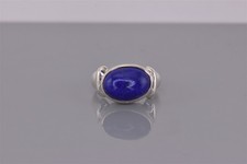 Sterling Silver Raised Oval Blue Lapis Lazuli Collared Solid Band Ring 925 Sz: 7