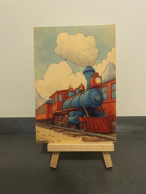 Postcard Theme Card, Red Blue Steam Locomotive, Mountains, Comic, Art
