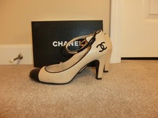 Chanel Pumps Ankle Strap Beige/Black Patent Toe Cap CC logo Size 35.5