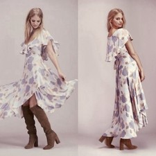 free people S SMALL faye floral ruffle wrap high low maxi dress flutter hi lo