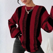 Pull Vintage Multicolore à Rayures Manches Longues Col Ras-du-Cou en Polyester