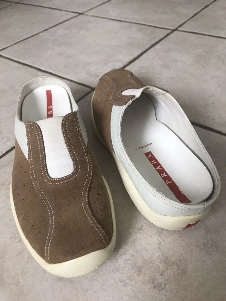 PRADA Brown/White Leather Clogs Mules Loafers Style 2066 Sz.38