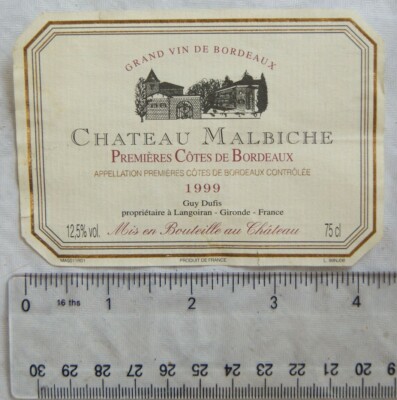1999 wine label Chateau Malbiche Premieres Cotes De Bordeaux