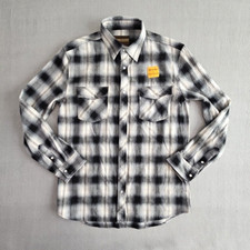 Western Flannel Shirt Men's Medium Black Plaid Pearl Snap Button Outdoor Casuals