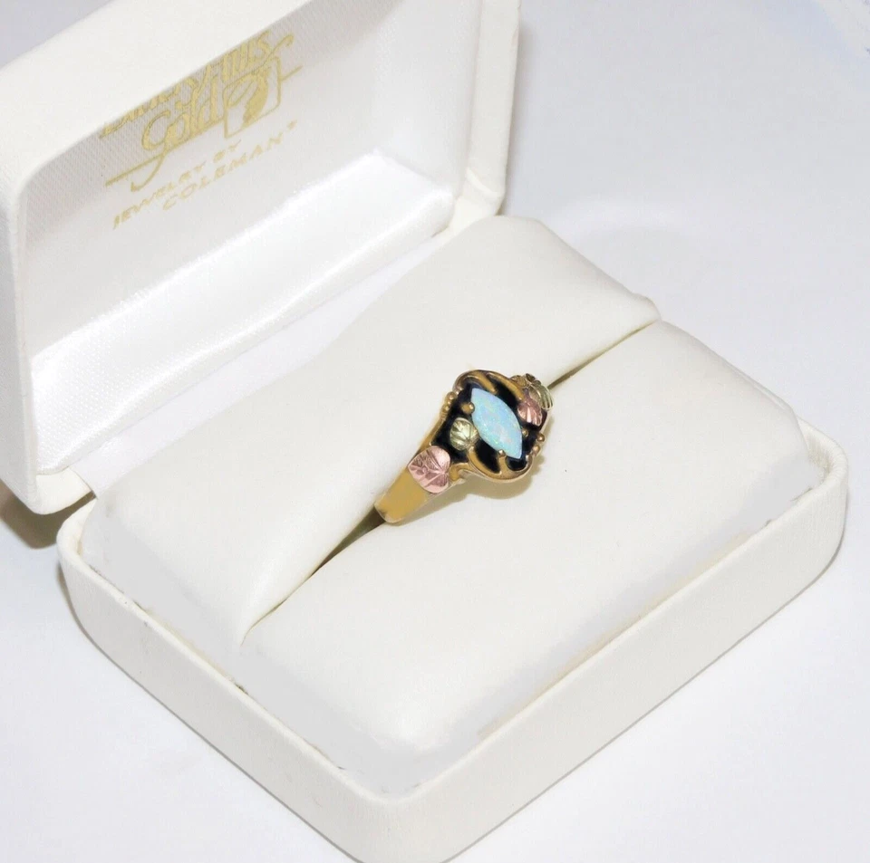 Anillo Black Hills Oro 10k Esmalte Antiguo Marquesa Hojas de Ópalo Talla 7 1/4 Foto 3 de 4