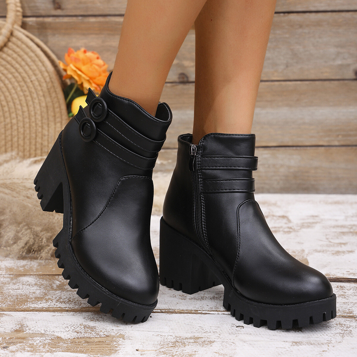 Womens Short Booties Round Toe Block Heel Punk Buckle Strap Retro